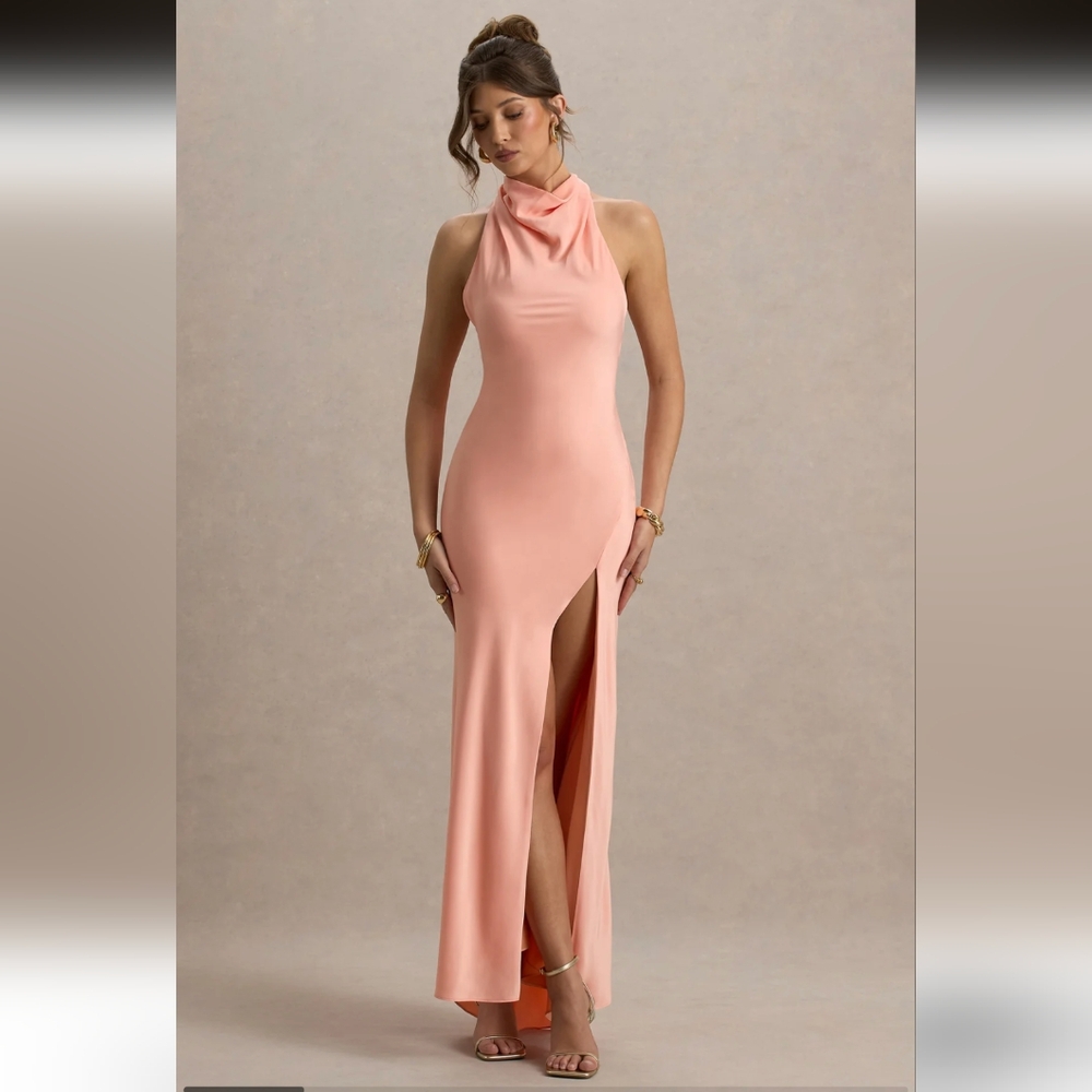 Club L London Priero Peach Cowl Halter-Neck Open Back Maxi Dress- 6